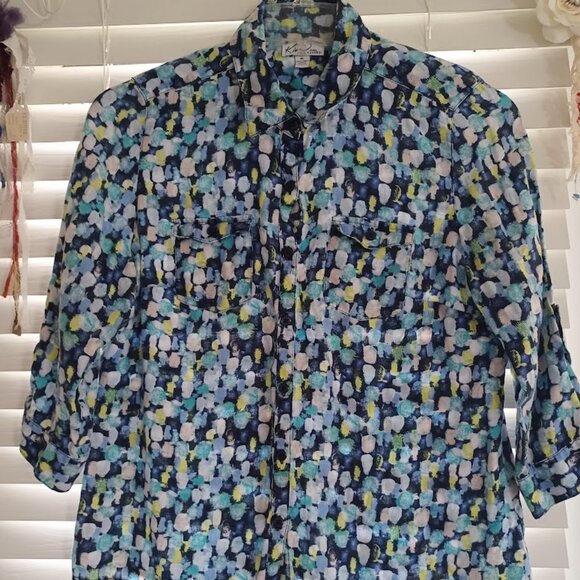 Kim Rogers Petite Large Linen Button Front Shirt Blue Green Abstract Print Roll - Picture 4 of 5